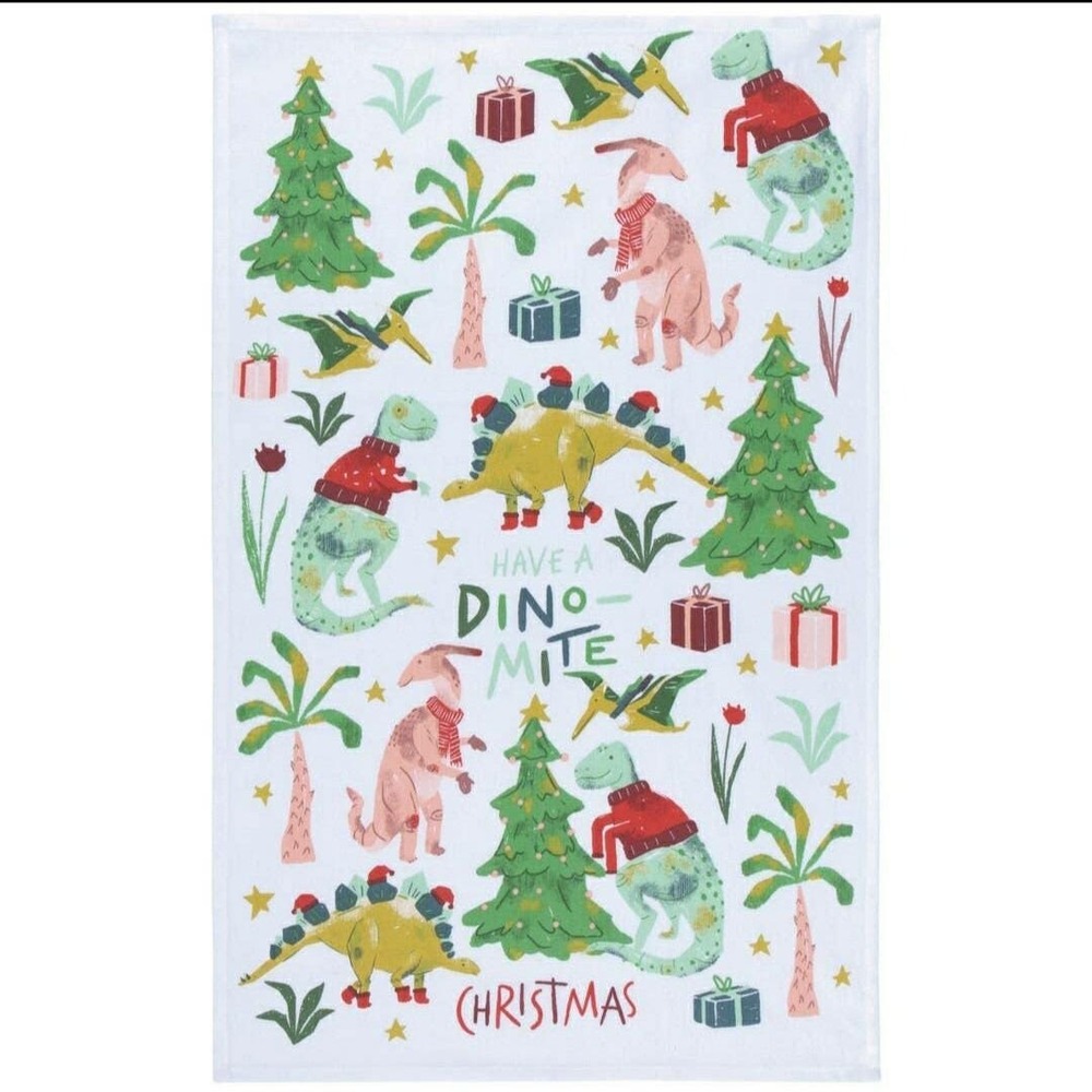 Danica Jubilee DINO-MITE‎ CHRISTMAS Dishtowel Tea Towel 100% Cotton 18x28 NEW
